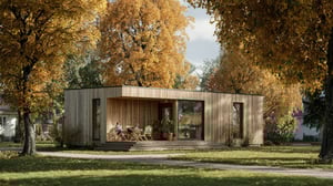 small modern wooden house placed in autumn scenery